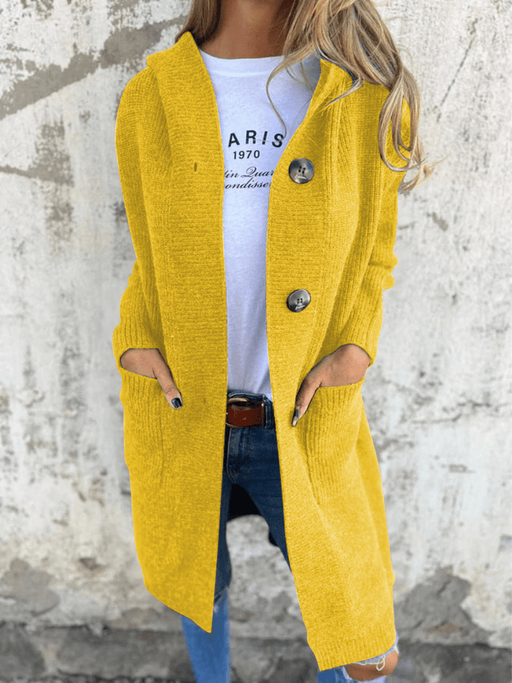 Elise Mode Dames Lang Gebreid Vest met Capuchon in Geel