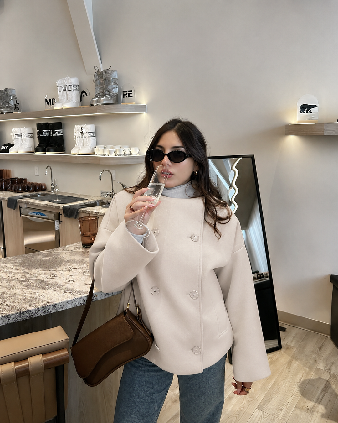Elise Mode Dames Wollen Jas met Opstaande Kraag