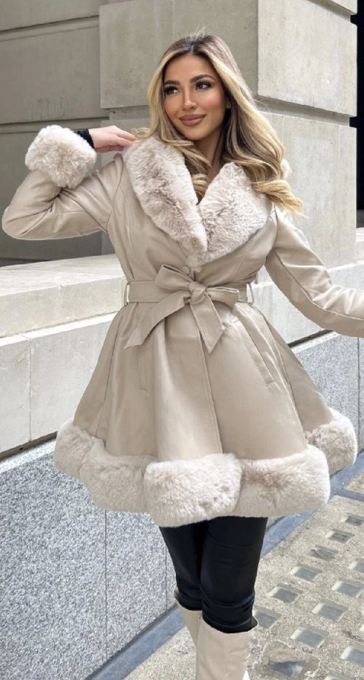 Elise Mode Dames Leren-Look Parka met Bontkraag