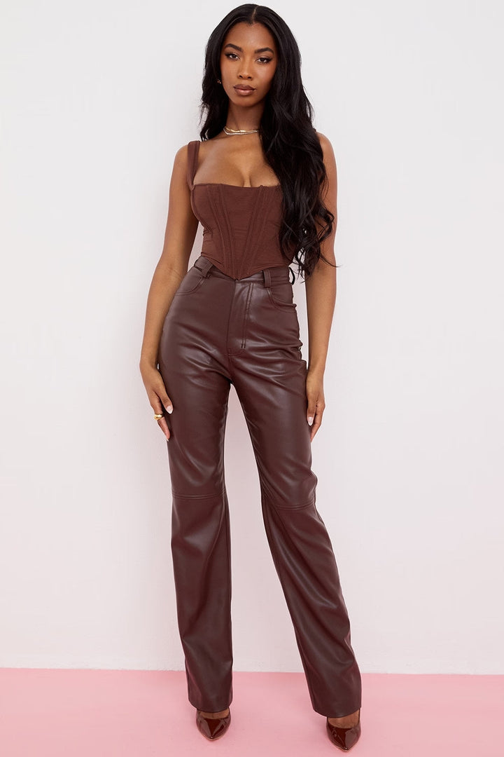 Elise Mode Dames Getailleerde Leren Broek met Rechte Pijp
