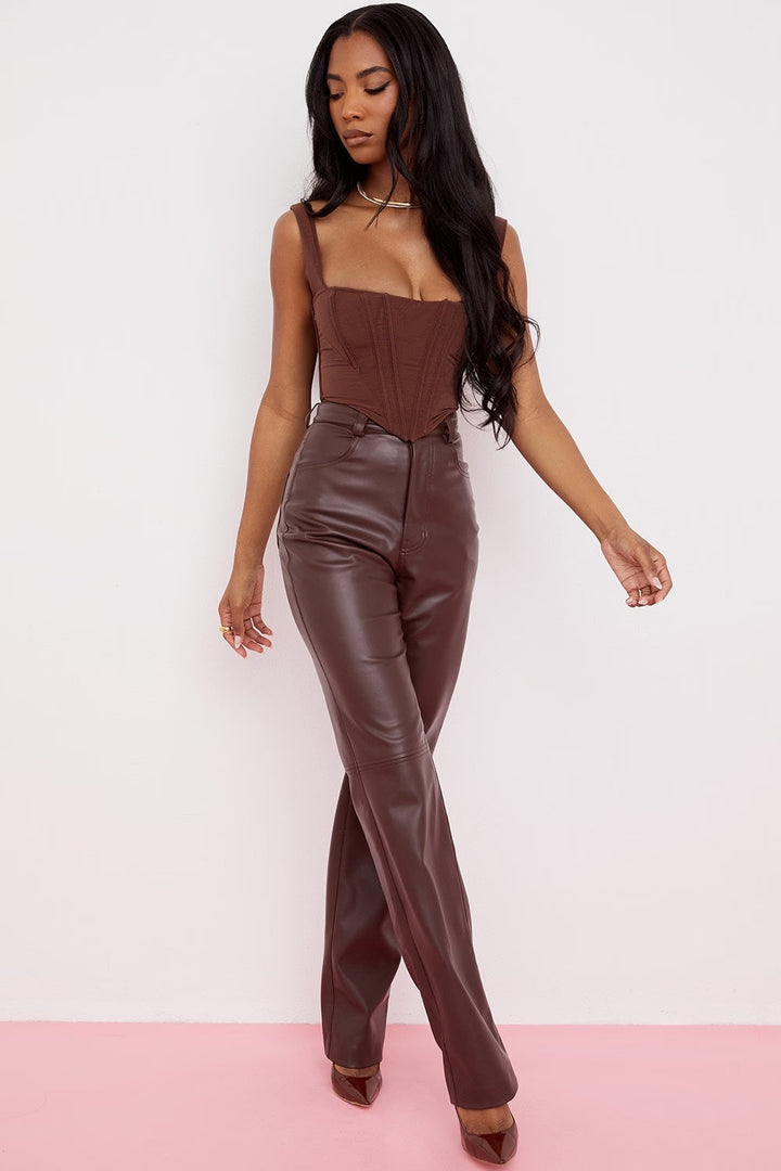 Elise Mode Dames Getailleerde Leren Broek met Rechte Pijp