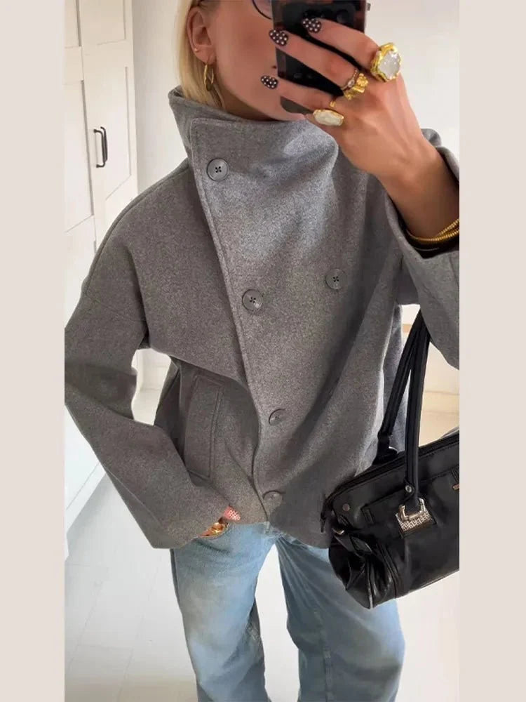 Elise Mode Dames Wollen Jas met Opstaande Kraag
