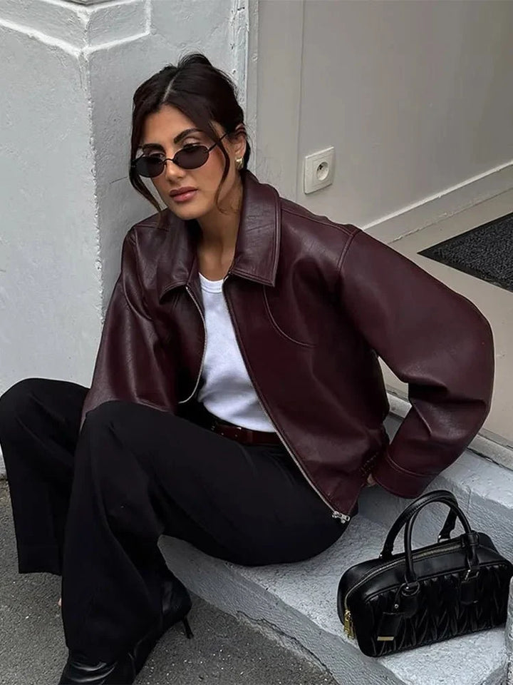 Elise Mode Dames Kort Leren-Look Jasje met Rits