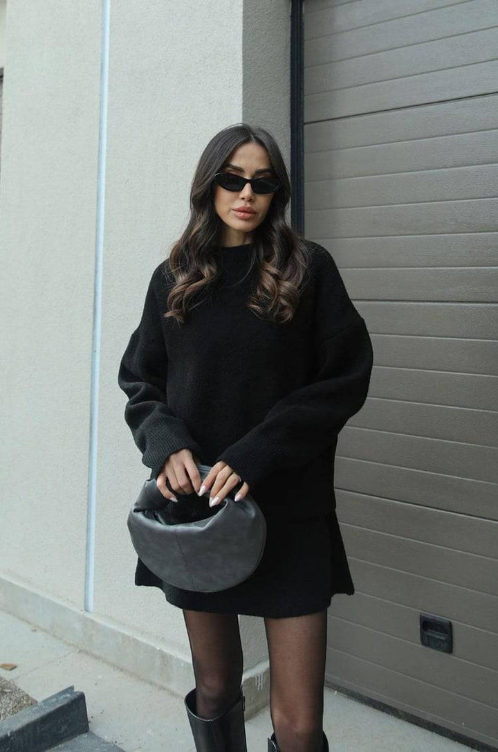 Elise Mode Dames Oversized Gebreide Set met Minirok in Zwart