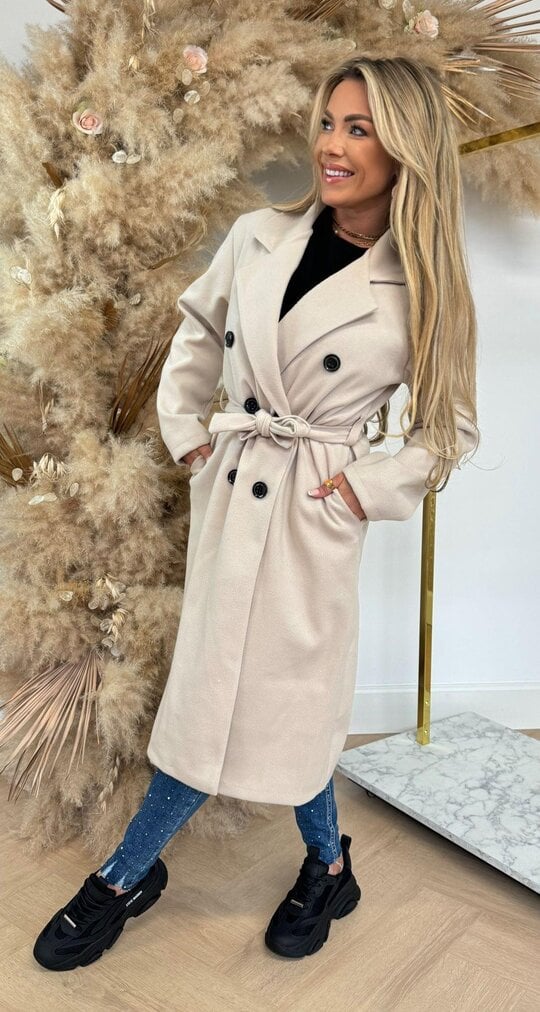 Elise Mode Dames Getailleerde Trenchcoat in Wolmix in Beige