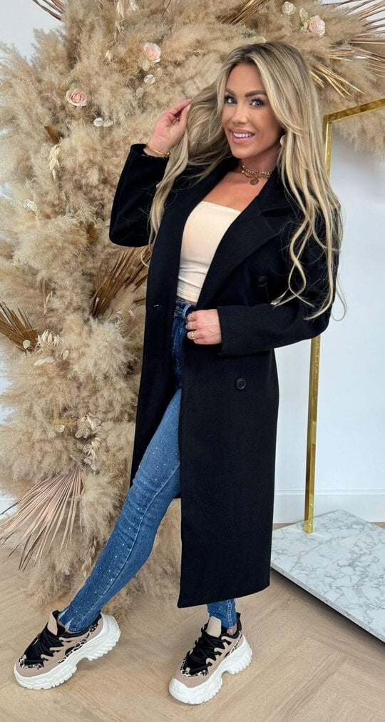 Elise Mode Dames Getailleerde Trenchcoat in Wolmix in Zwart