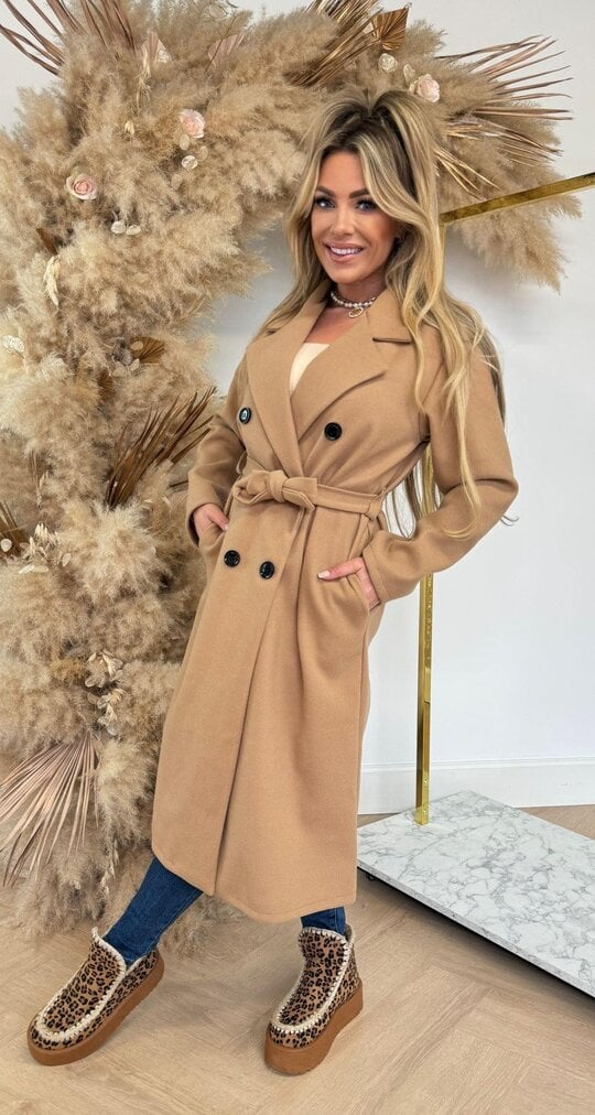 Elise Mode Dames Getailleerde Trenchcoat in Wolmix in Kaki