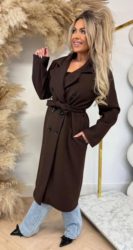 Elise Mode Dames Getailleerde Trenchcoat in Wolmix in Bruin